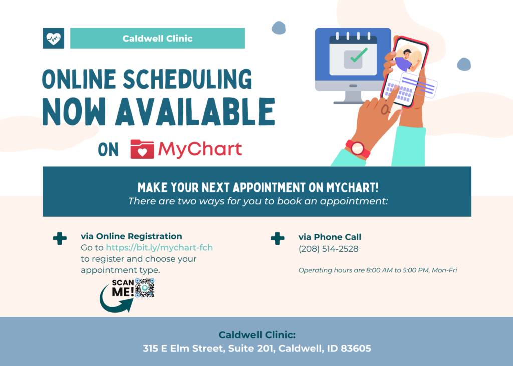 A card that says "Online Scheduling Now Available on MyChart" with information about signing up or calling the clinic to get signed up for MyChart