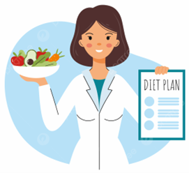 Photo of illustrated Dietician Nutritionist holding a healthy bowl of food and a paper that says "diet plan"