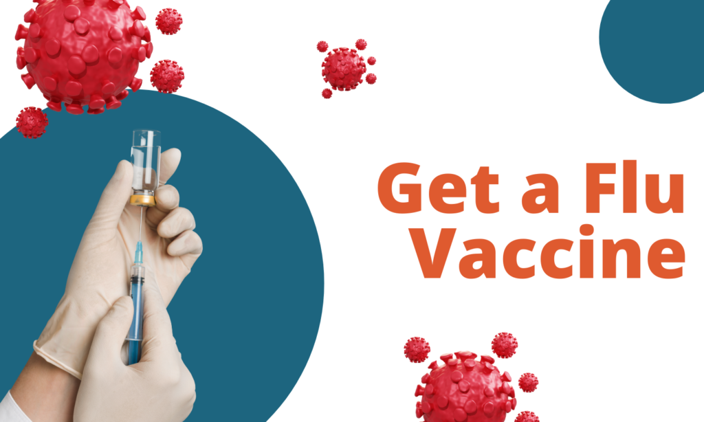 Flu Shot Influenza Image; hands in white gloves holding a syringe surrounded by germs.