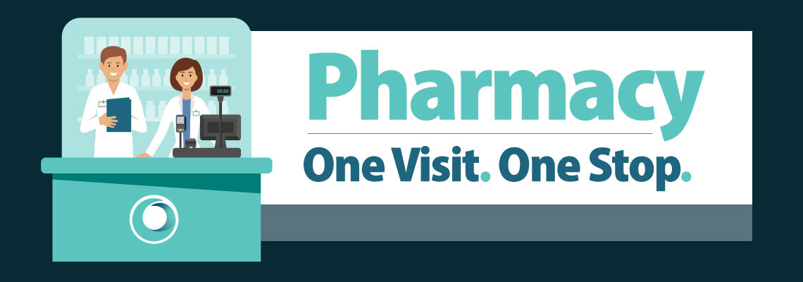 A banner image with two pharmacy staff members behind a full circle health counter with the headline "Pharmacy - One Visit. One Stop."